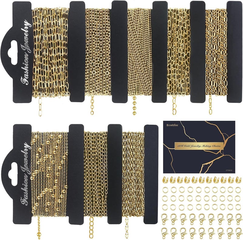 Ecoofor 14k Gold Necklace Chains for Jewelry Making, Total 27 Feet 8 Rolls Bracelet Chains for DIY, 3.3 Feet Each Style, 14K Gold Plated Chain with Jump Rings/Lobster Clasps/Connectors - Image 1